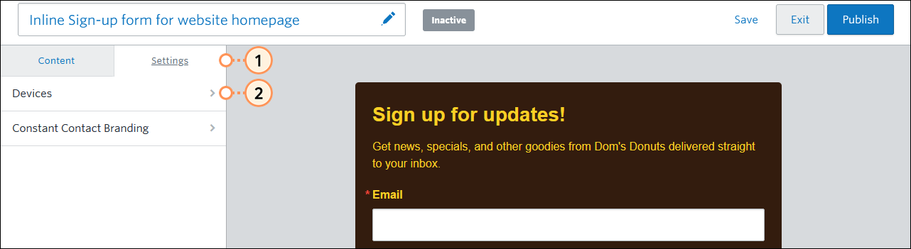 Inline Sign-up Form Settings tab menu and Devices option