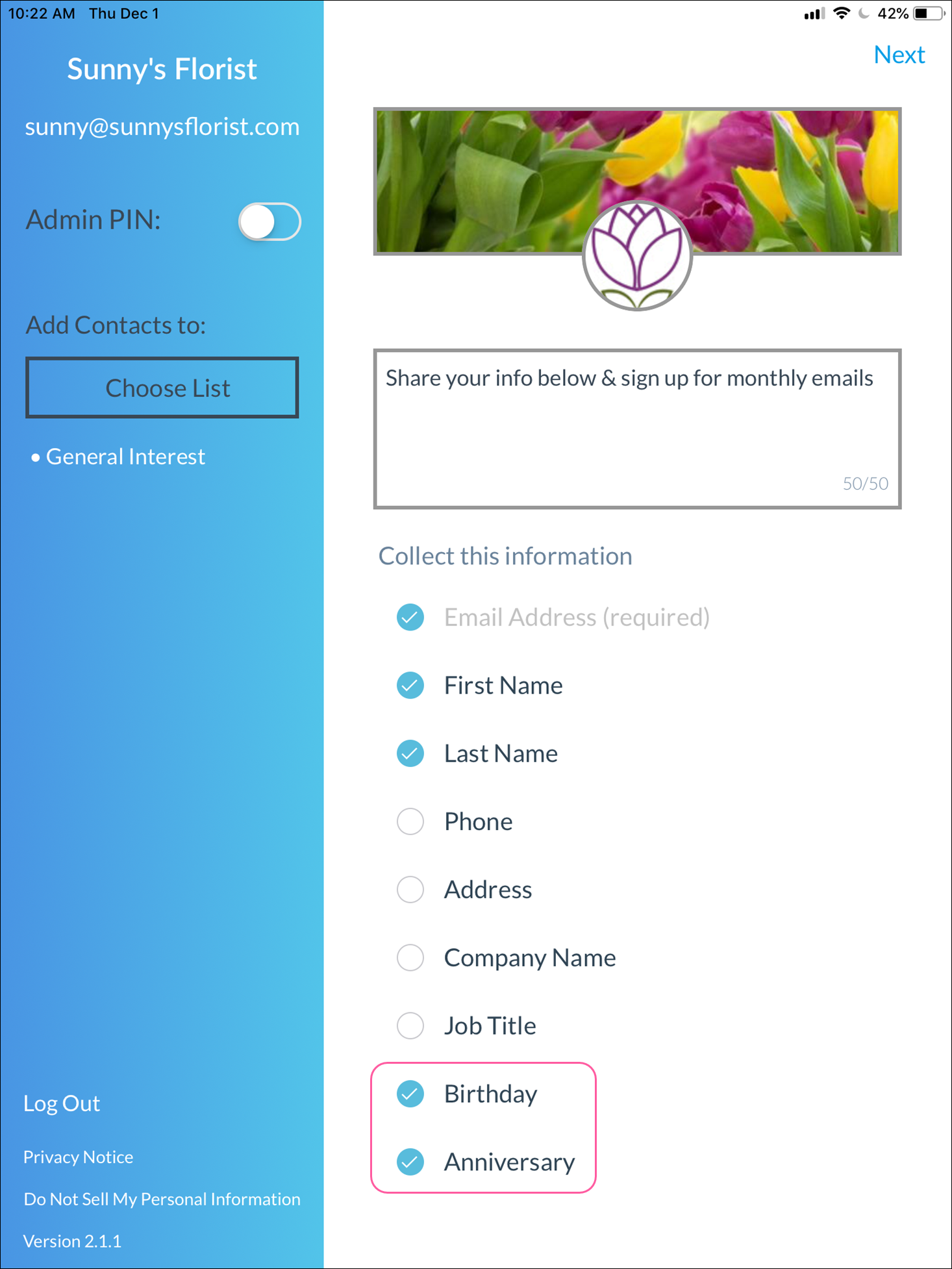 List Build app with Collect this information section and Birthday and Anniversary contact fields selected