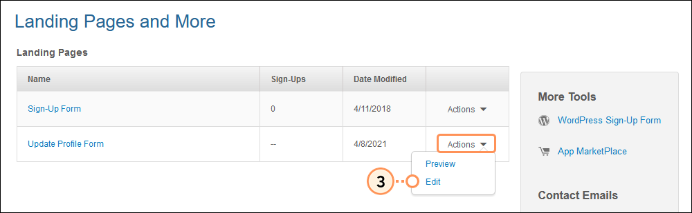 Landing Pages and More page, Landing Pages table, Update Profile Form row with Actions drop-down menu expanded and Edit option selected