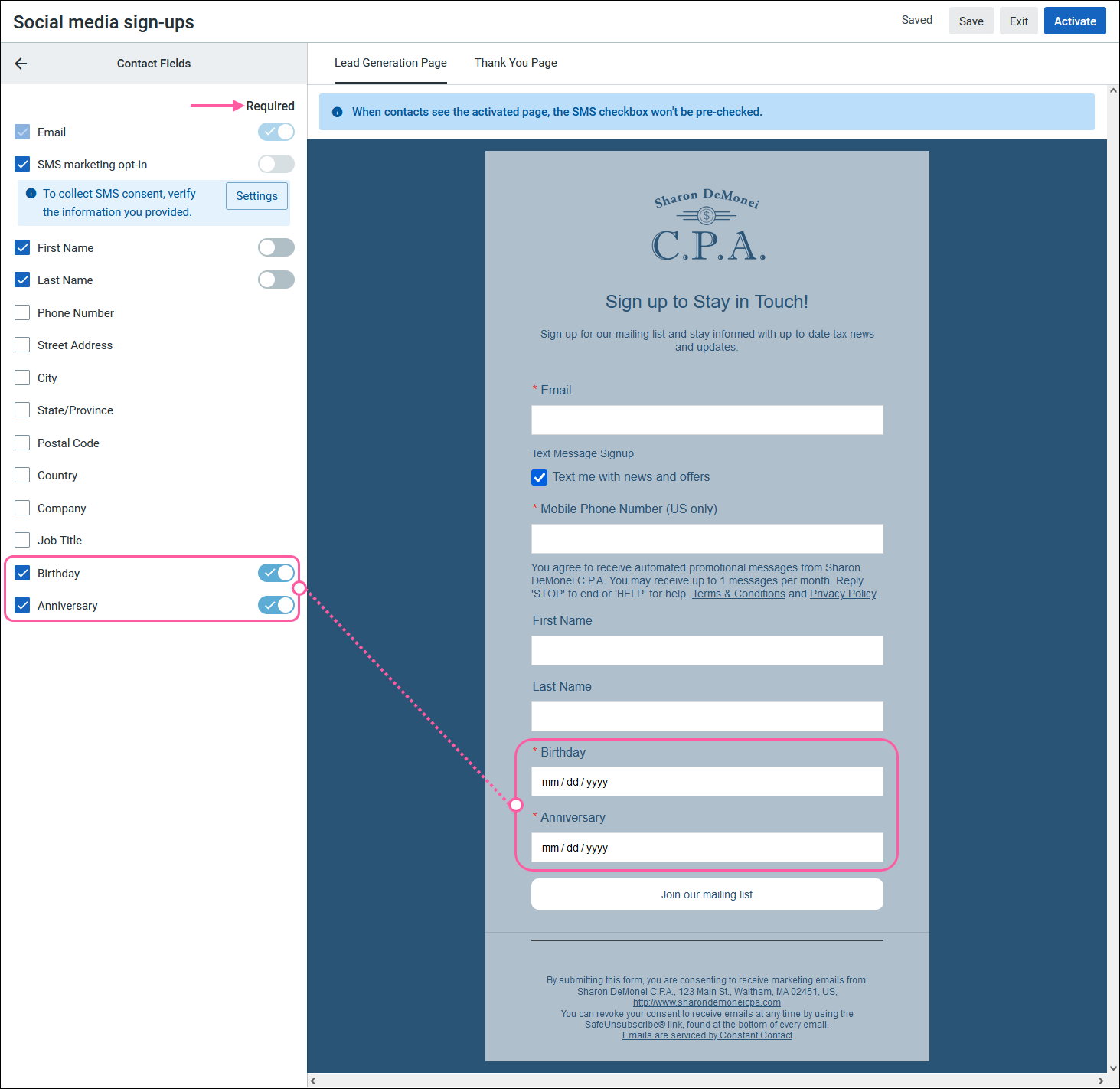 ULead Generation Landing Page editor with Contact Fields options and Birthday and Anniversary details selected and made required