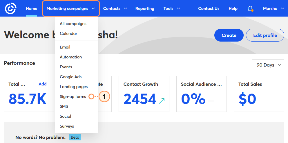 Marketing Campaigns dropdown with Sign-up Forms option