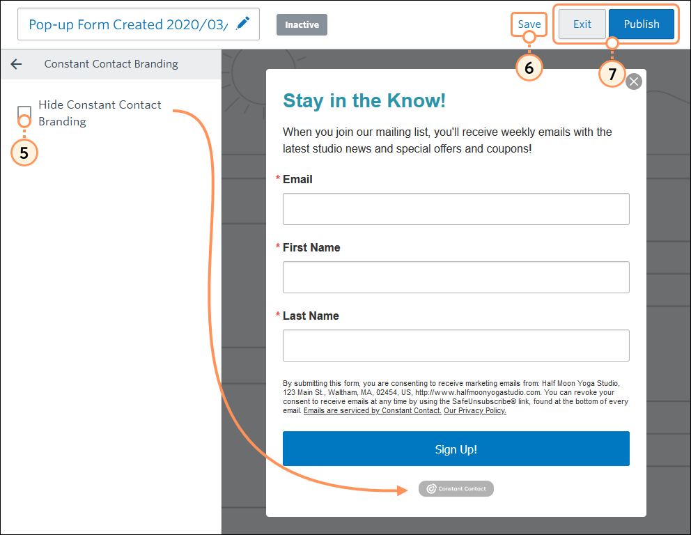 Sign-up forms editor with Constant Contact Branding menu and Hide Constant Contact Branding option deselected with logo displaying in form footer, and Exit and Publish buttons