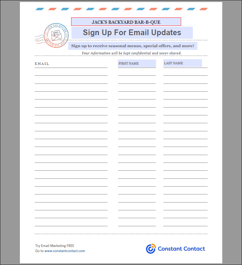 Sample Paper Sign-up Form