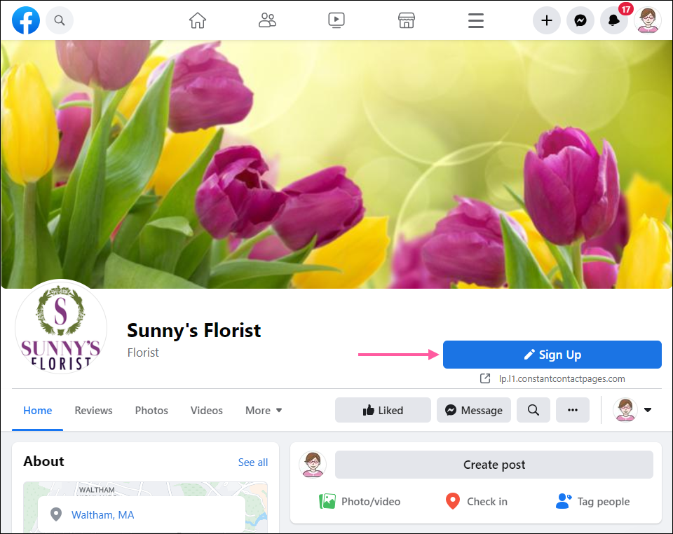 Sign Up button on Facebook social media profile