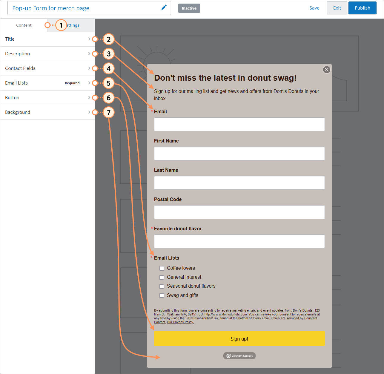 Inhaltsmenü Pop-up Sign-up Form (Pop-up-Anmeldeformular) und Optionen Title (Titel), Description (Beschreibung), Contact Fields (Kontaktfelder), Email Lists (E-Mail-Listen), Button (Schaltfläche) und Background (Hintergrund)
