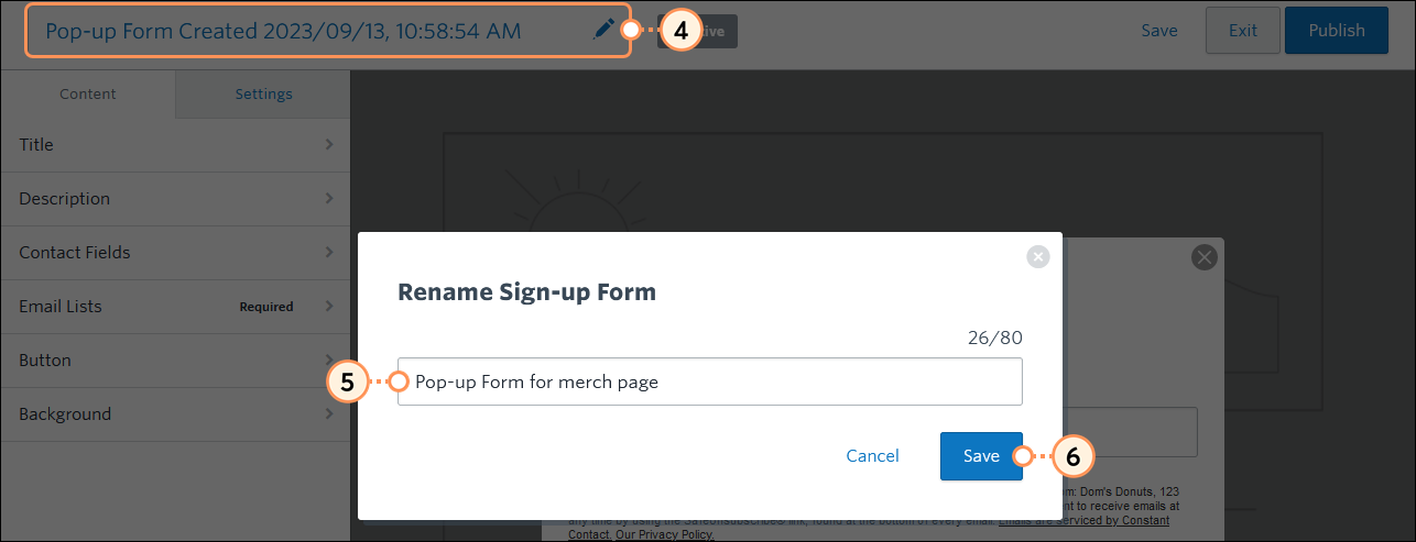 Feld Pop-up Sign-up Form (Pop-up-Anmeldeformular-Name) und Overlay Rename Sign-up (Anmeldeformular umbenennen) mit Feld Name und Schaltfläche Save (Speichern)