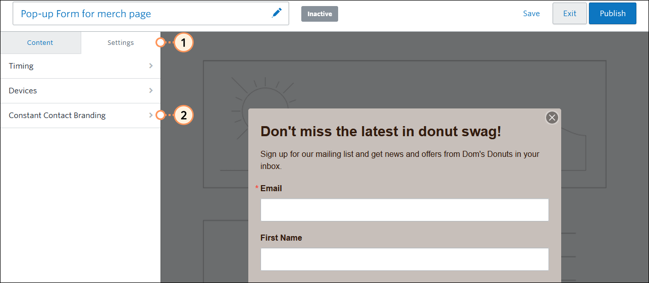 Tab Pop-up Sign-up Form Settings (Pop-up-Anmeldeformular-Einstellungen) und Option Constant Contact-Branding