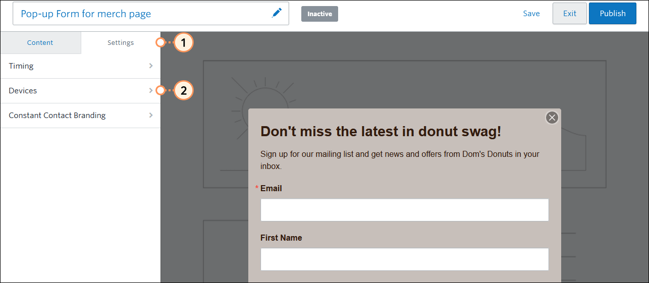 Menü Pop-up Sign-up Form Settings (Einstellungen des Pop-up-Anmeldeformulars) und Option Devices (Geräte)
