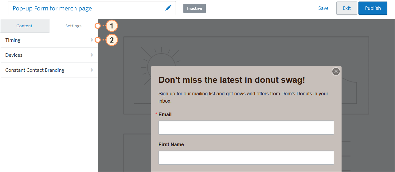 Einstellungsmenü Pop-up Sign-up Form (Pop-up-Anmeldeformular) und Option Timing (Zeitpunkt)