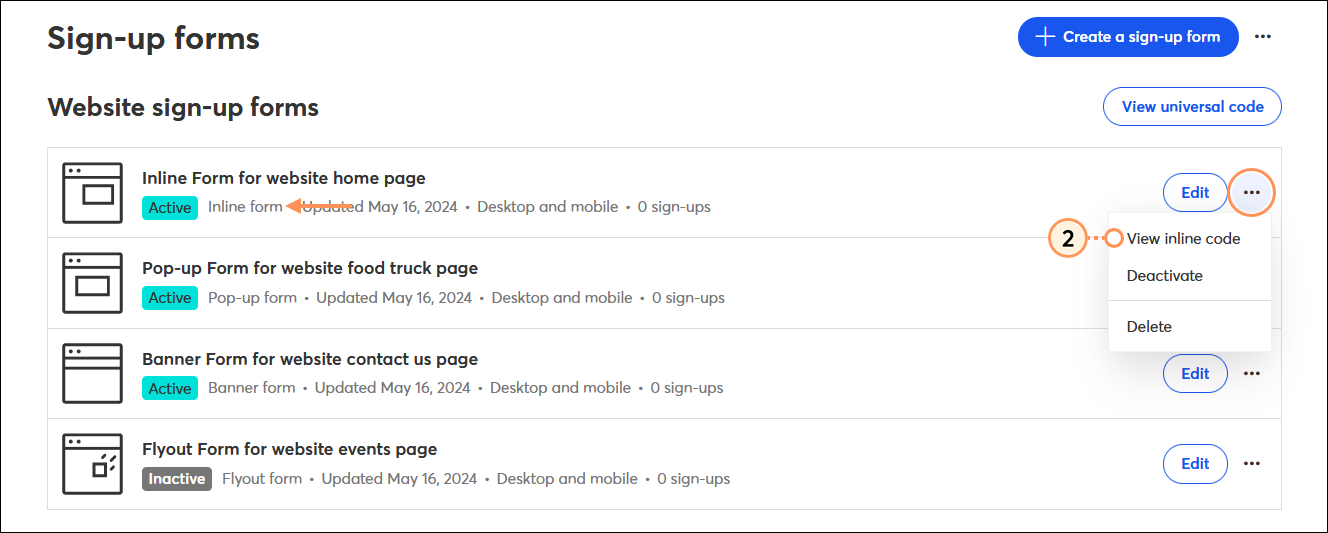 Sign-up Forms tab, Sign-up forms page with active Inline Sign-up Form menu expanded, and View inline code option
