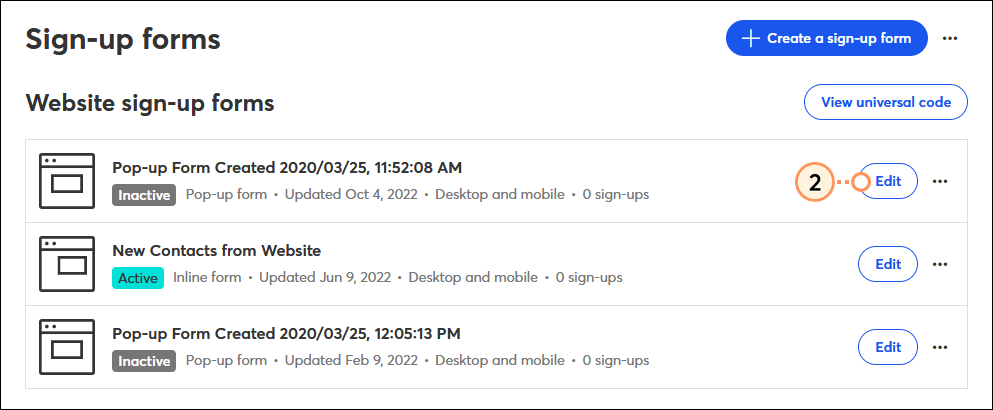 Sign-up Forms page, pop-up sign-up form with Edit button