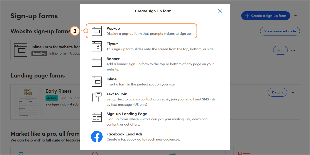 Overlay Create sign-up form (Anmeldeformular erstellen) und Option Pop-up