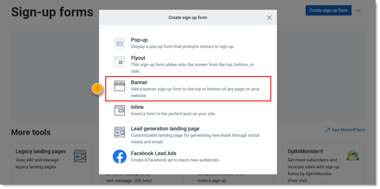 Ventana de Create sign-up form (Crear formulario de suscripción) superpuesta y una opción de Banner (Pancarta)
