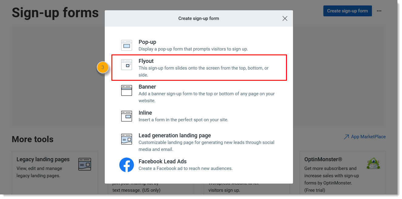 Ventana Create sign-up form (Crear formulario de suscripción) superpuesta y opción Flyout (Desplegable)