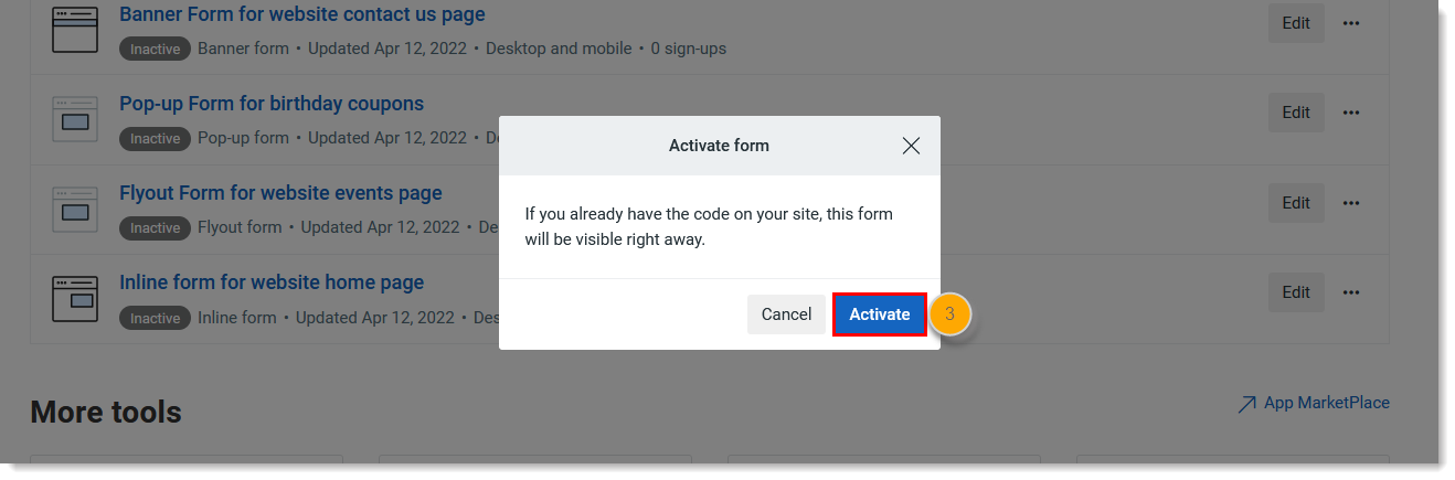 Activate form overlay and Activate button