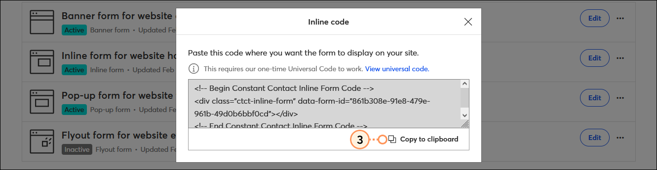 Inline Code overlay with code field and Copy to clipboard button
