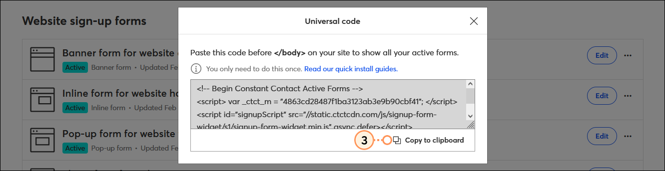 Universal code overlay with code field and Copy to clipboard button