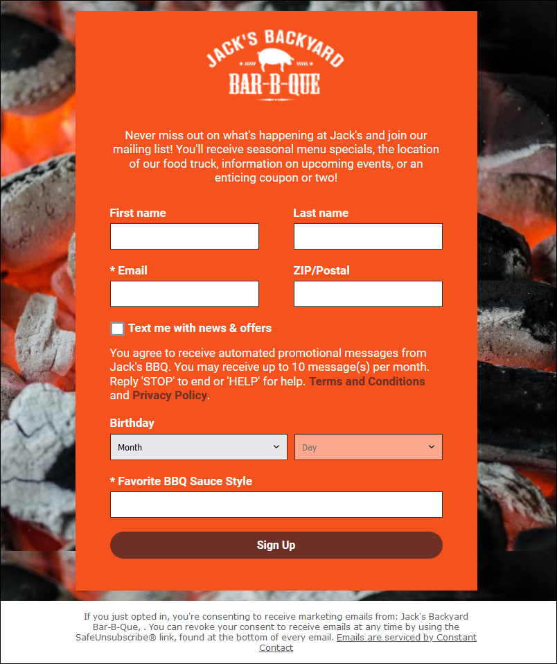 Sample Sign-up Landing Page with Branding and SMS opt-in