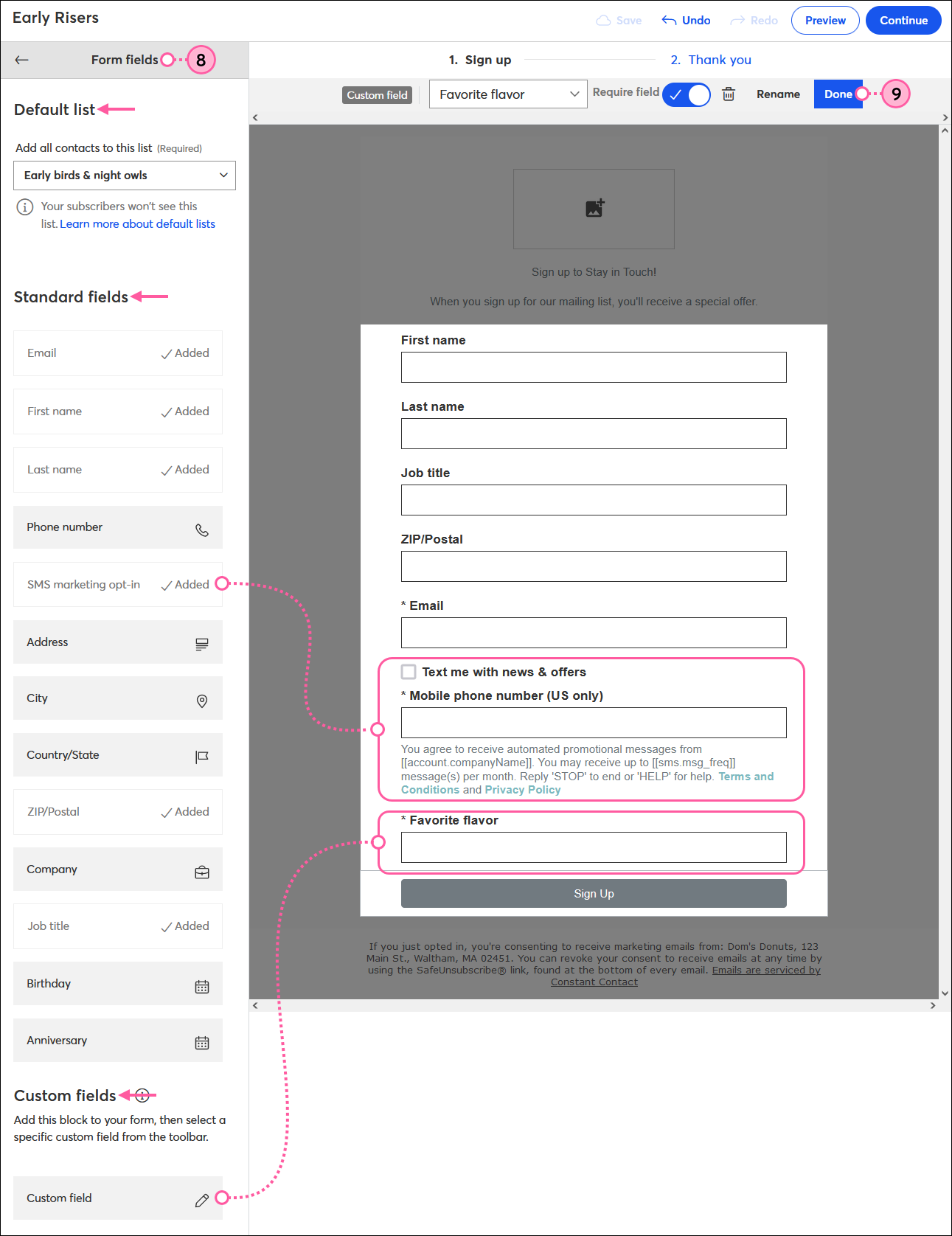 Sign-up Landing Page Form fields menu expaneded with Default list drop-down menu, Standard fields options with SMS marketing opt-in option in the form, and Custom fields section with custom field in the form
