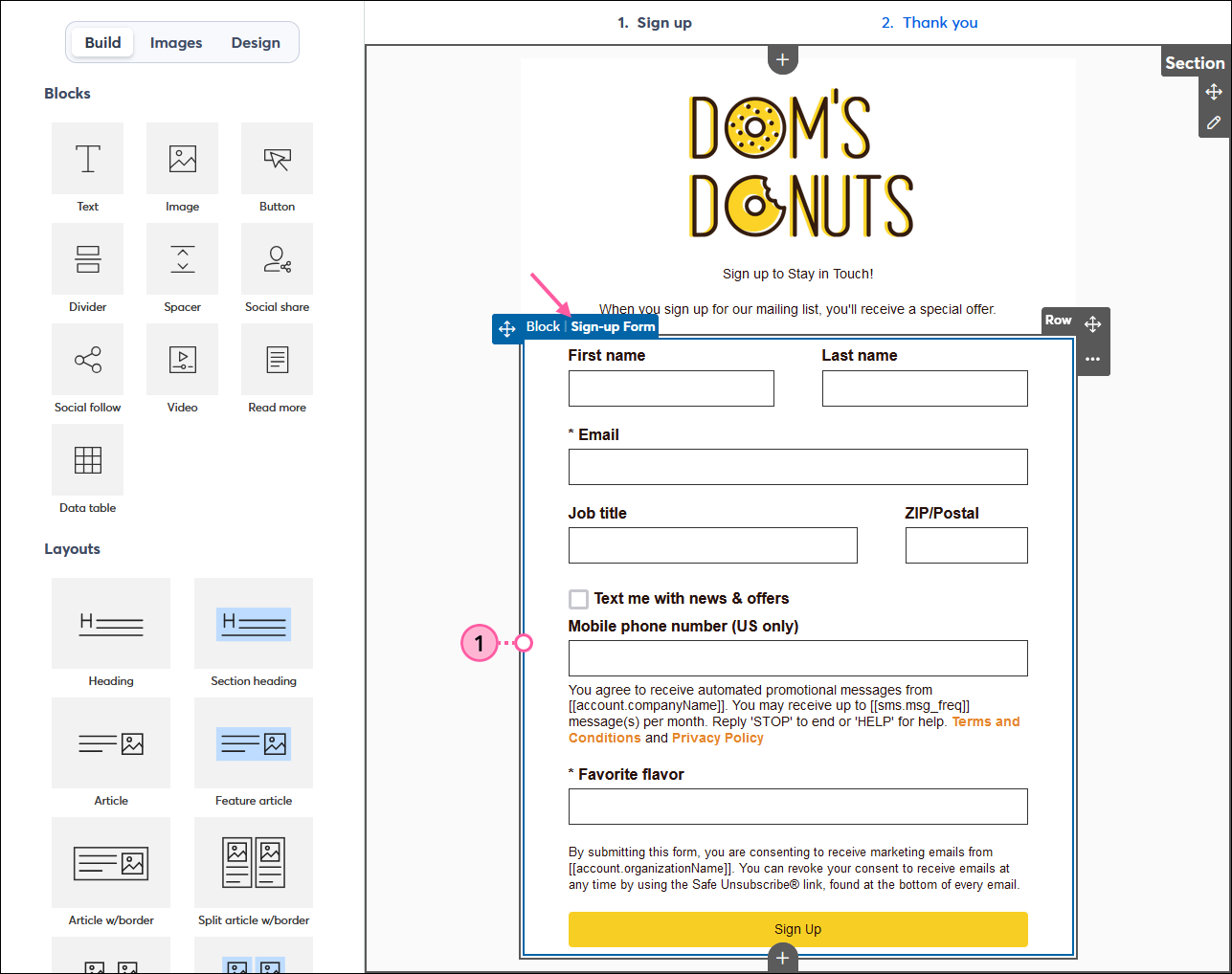 Landing page editor with Sign-up Form block selected