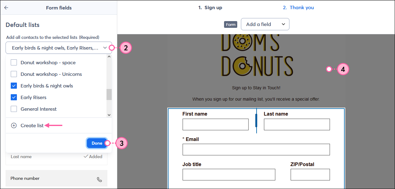 Landing page editor with Form fields menu displayed, Default lists section with drop-down menu expanded, list options with multiple lists selected, Create list option, and Done button, and Form fields block highlighted with background greyed-out