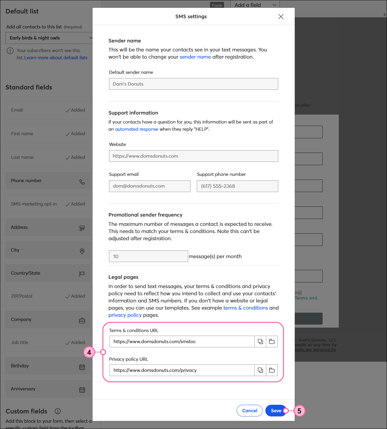 Página de bienvenida de inicio de sesión ventana superpuesta Configuración de SMS con los campos URL de términos y condiciones y URL de política de privacidad y botón Guardar
