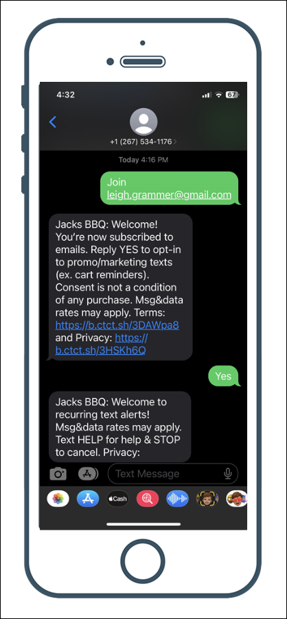 Example Text to Join opt-in as seen through a cell phone