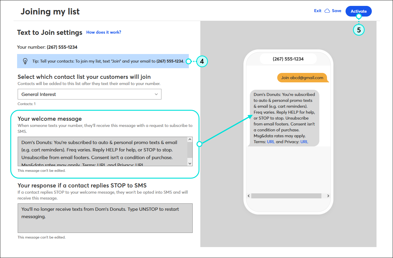 Text to Join settings page with list drop-down menu, Your welcome message text, Your response if a contact replies YES to SMS text, and Your response if a contact replies NO to SMS text, and Activate link