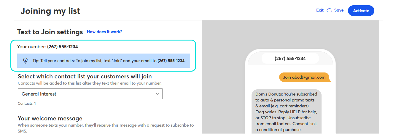 Text to Join settings page with phone number and Join keyword