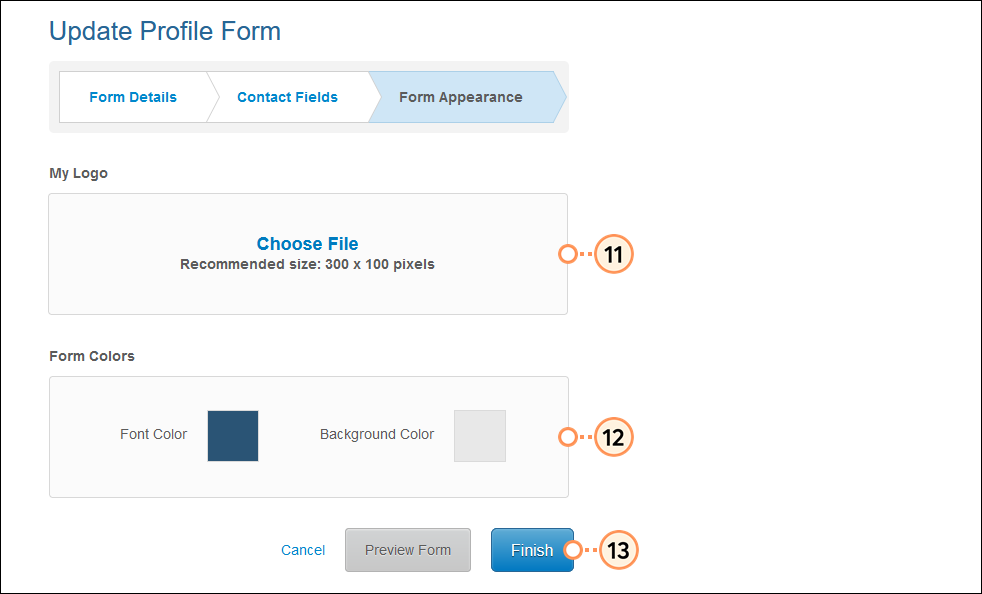 Update Profile Form Form Appearance section, Form Colors section with Font Color swatch color palette expanded with color picker and More Colors button, and Finish button