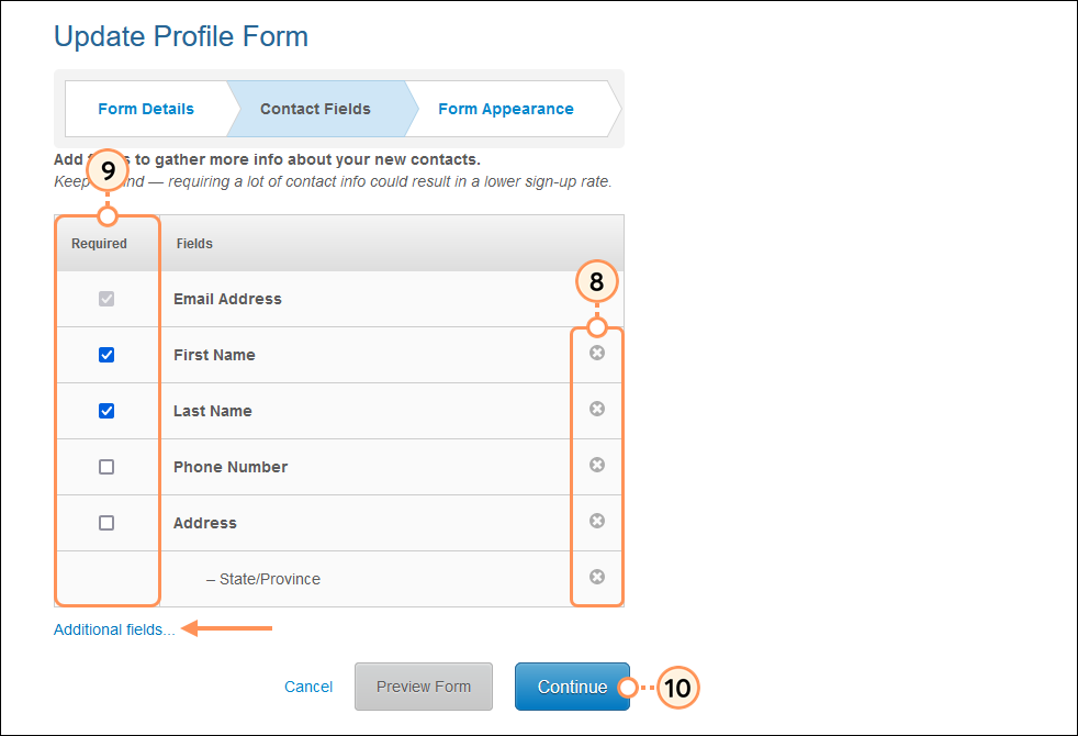 Update Profile Form Content Fields section, Required column, Delete buttons, and Continue button