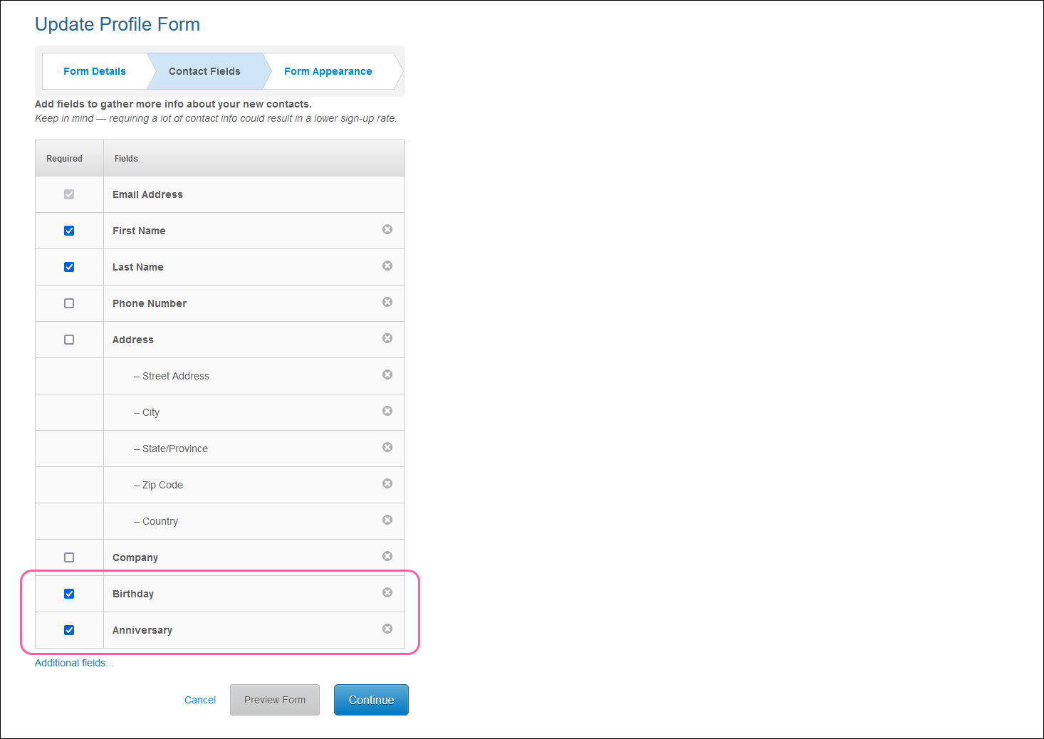The Update Profile Form editor with Contact Fields options and Birthday and Anniversary field options selected