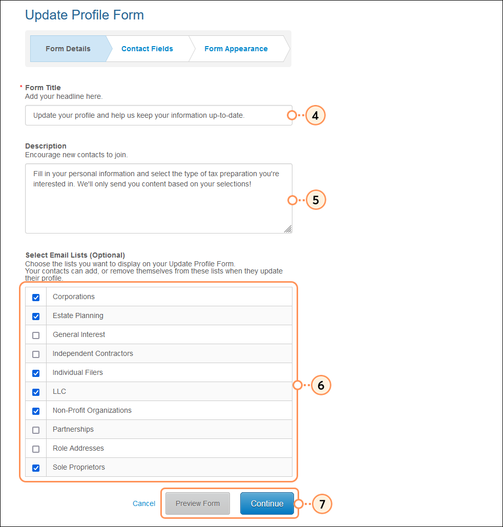 Update Profile Form Form Details section, Form Title and Description fields, email list options, and Preview Form and Continue Buttons