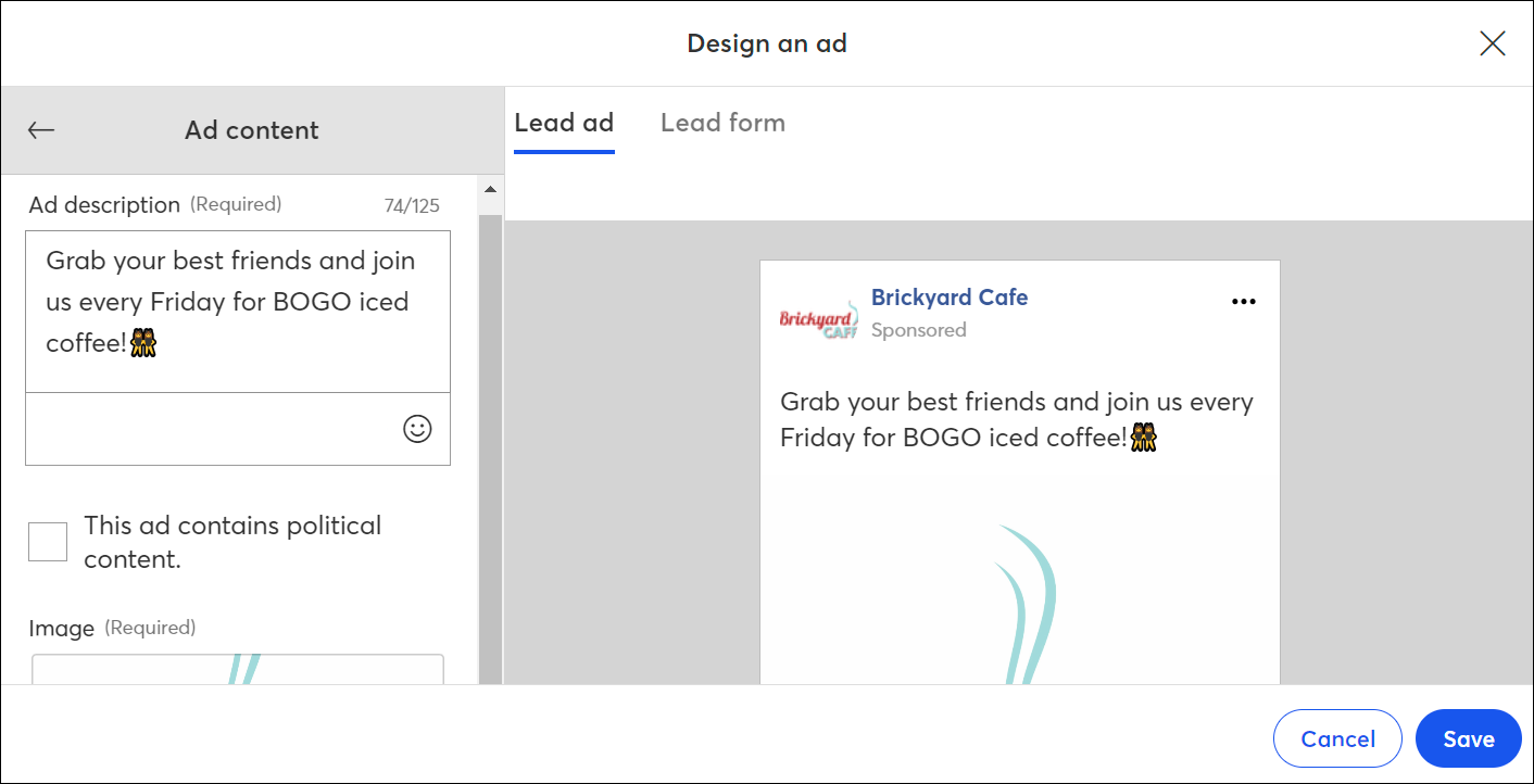 Facebook and Instagram Lead Ad Design Your Ad overlay, with Ad Content options and Subscribe button