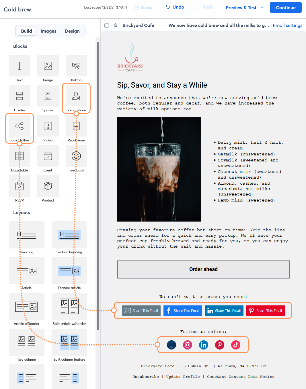 Email editor with Build tab selected, and Social share block and Social follow block added to content