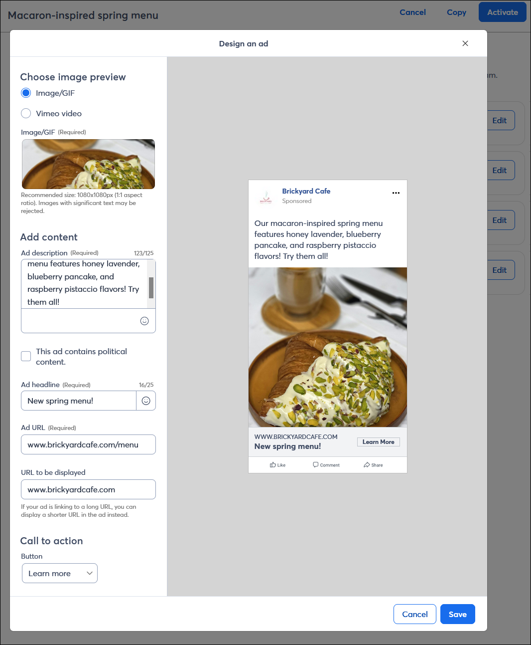 Facebook and Instagram Ad editor with image, content, headline, and call-to-action button