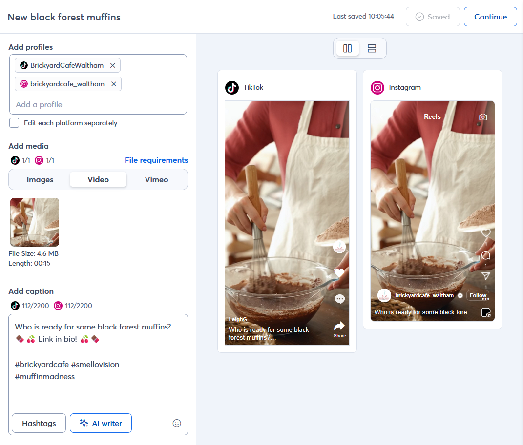 Social Post editor with profiles selected, video-content, and caption with emojis and hashtags