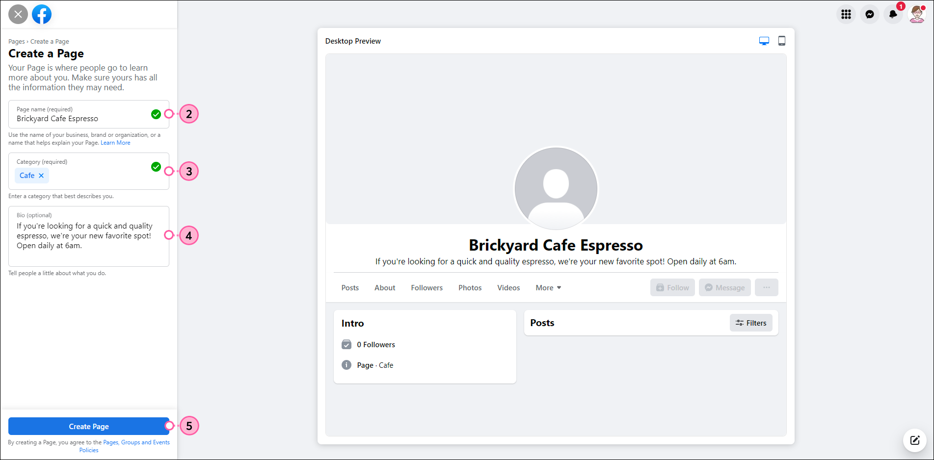 Create Page, Page Name, Category, and Description