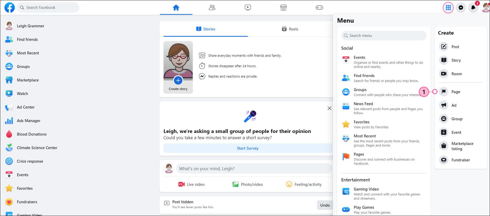Personal Facebook Page and Create Drop-down Menu and Page Option