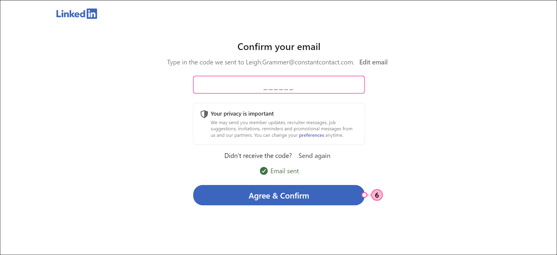 Code field and Agree & Confirm button