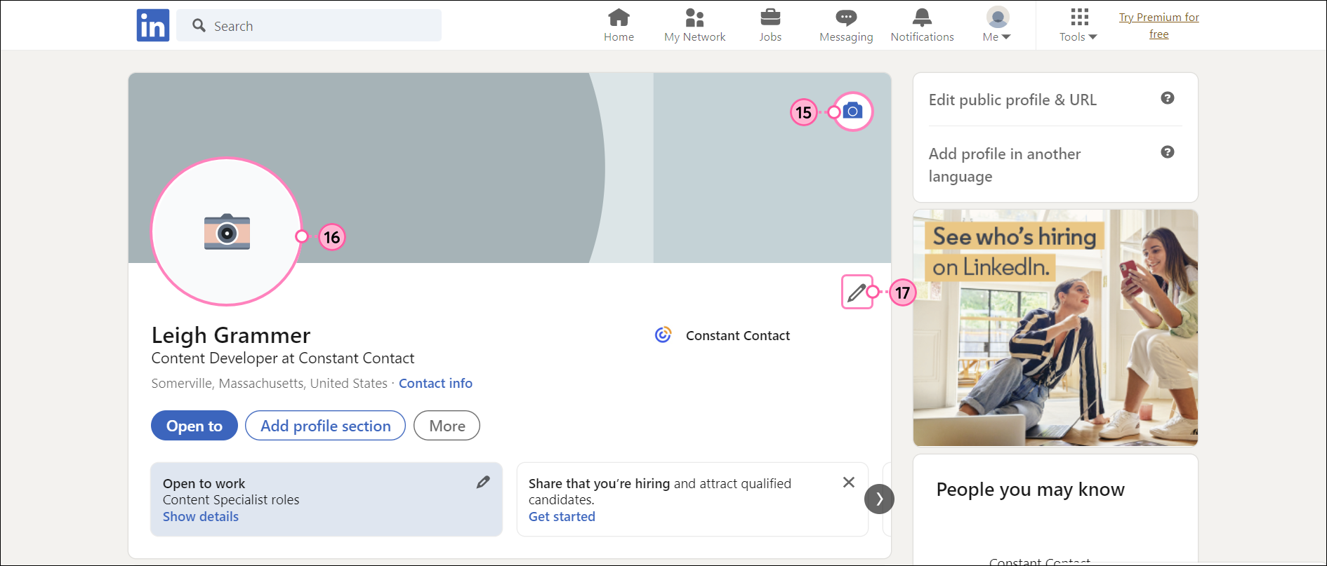 Banner image icon, Add profile section drop-down menu collapsed, and Add work dates button