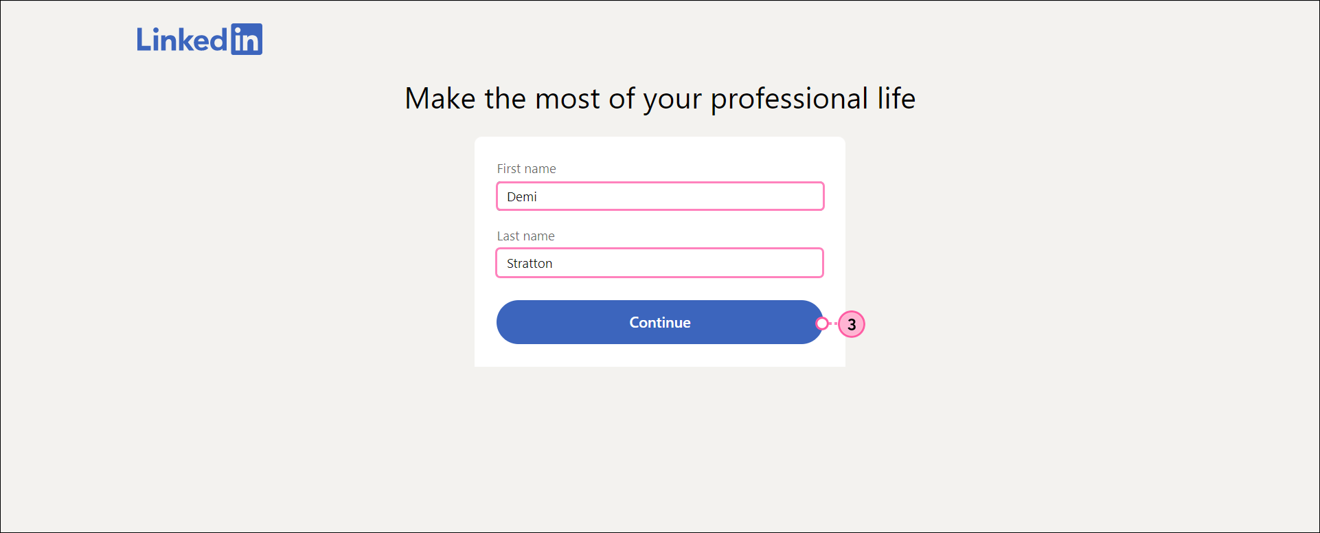 First name field, Last name field, and Continue button