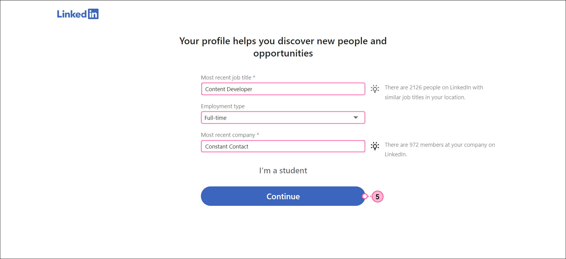 Most recent job title field, Employment type drop-down menu, Most recent company field, Industry drop-down menu, and Continue button