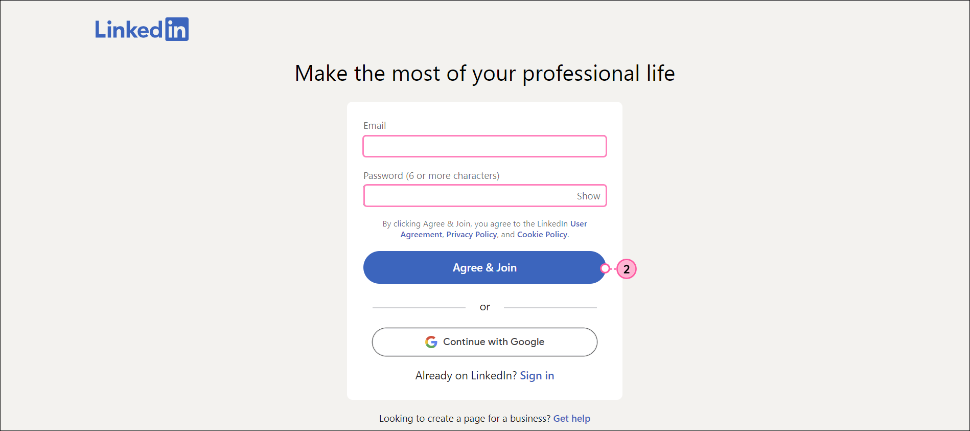 Email field, Password field, and Agree & Join button