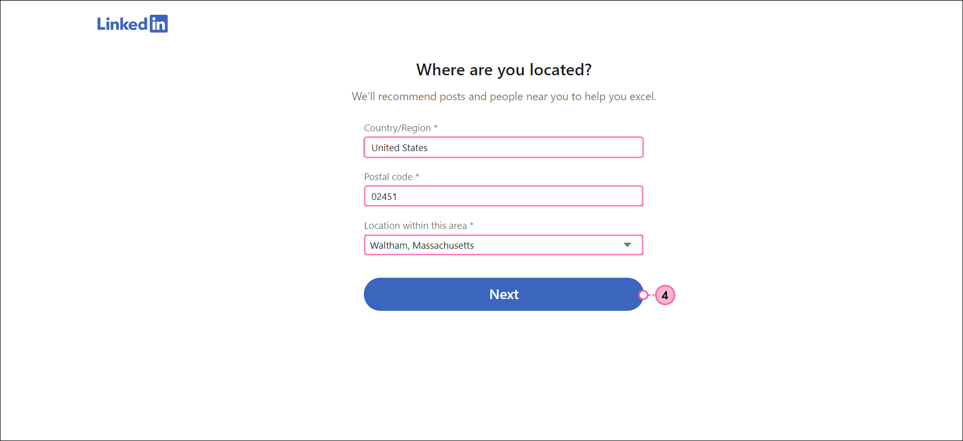Country/Region field, Postal code field, Location within this area drop-down menu, and Next button