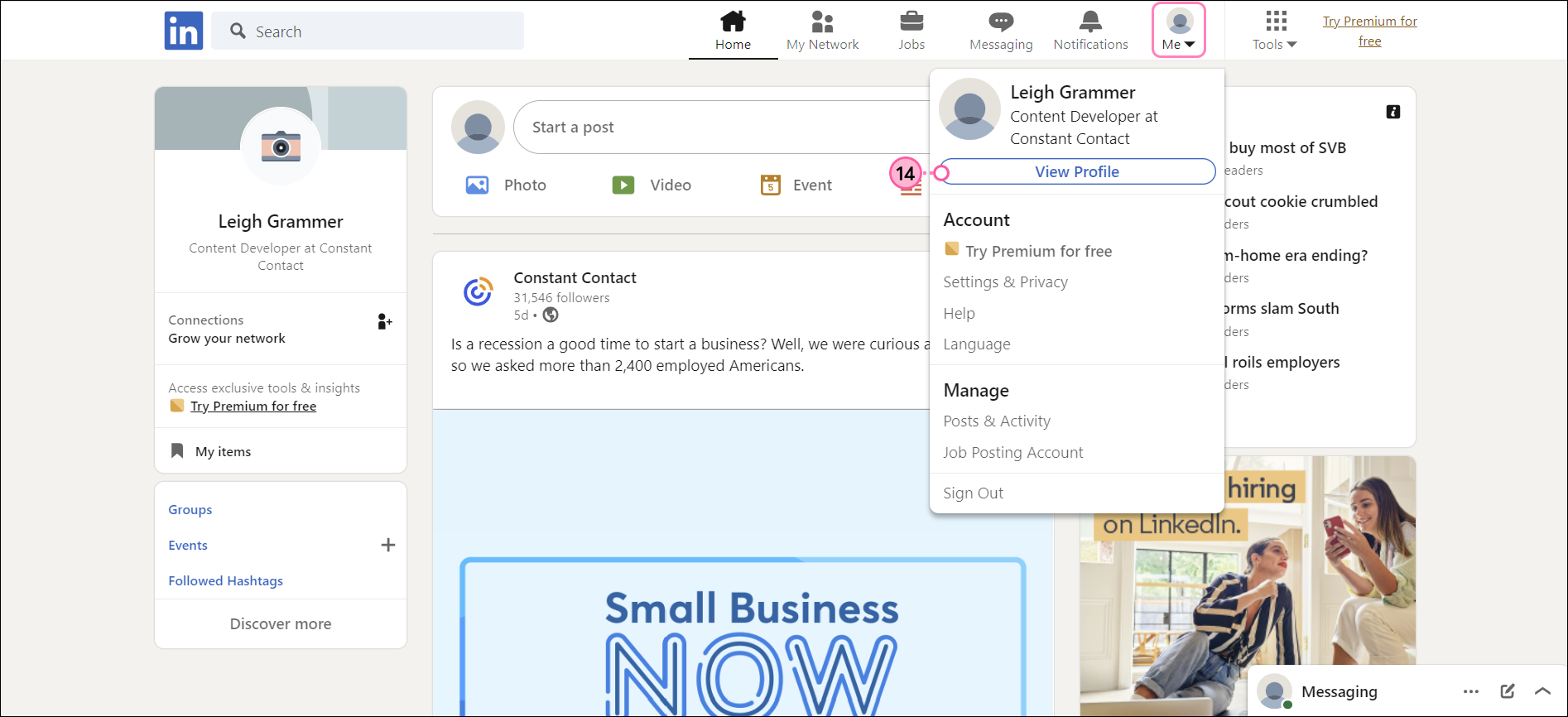Home tab, Me drop-down menu expanded, and View Profile button