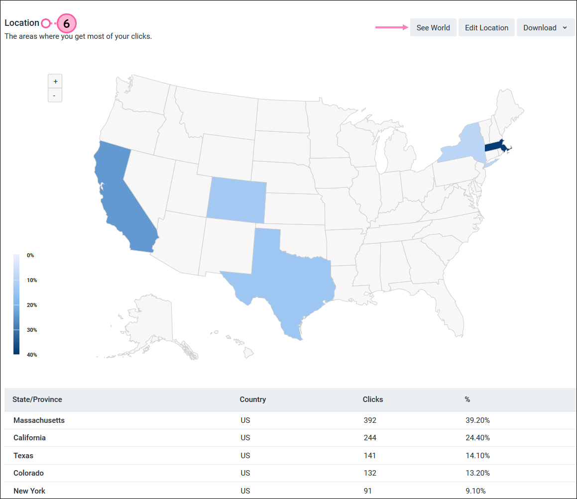 Facebook and Instagram Ad Details page, Audience tab selected, Location section and See World, Edit Location, and Download buttons