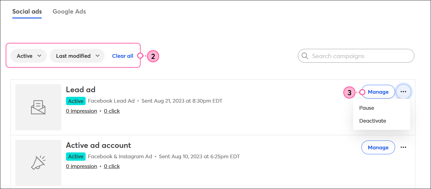 Campaigns tab, List View tab selected, Campaigns drop-down menu with Ads option selected, Status drop-down menu with Active option selected, Sort By drop-down menu with Last Modified option selected, active Facebook & Instagram Ad and Manage button