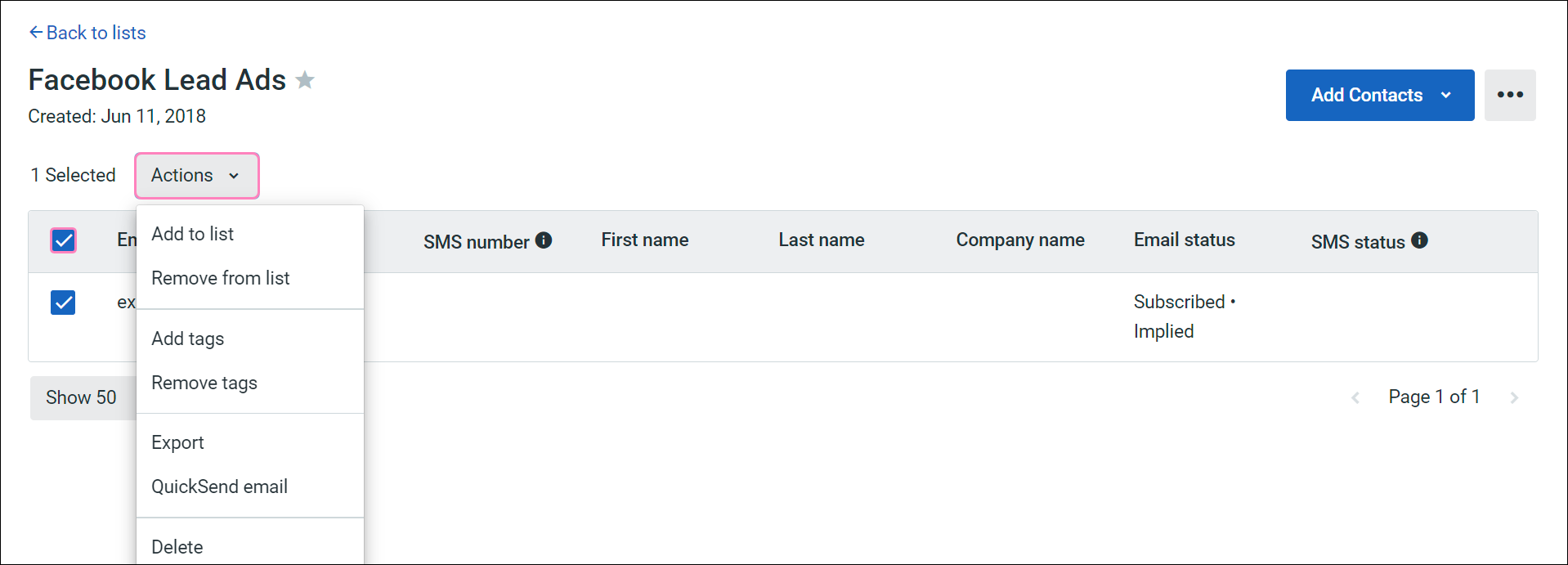Contacts tab, Facebook Lead Ads contact list view, all contacts selected, and Actions menu expanded