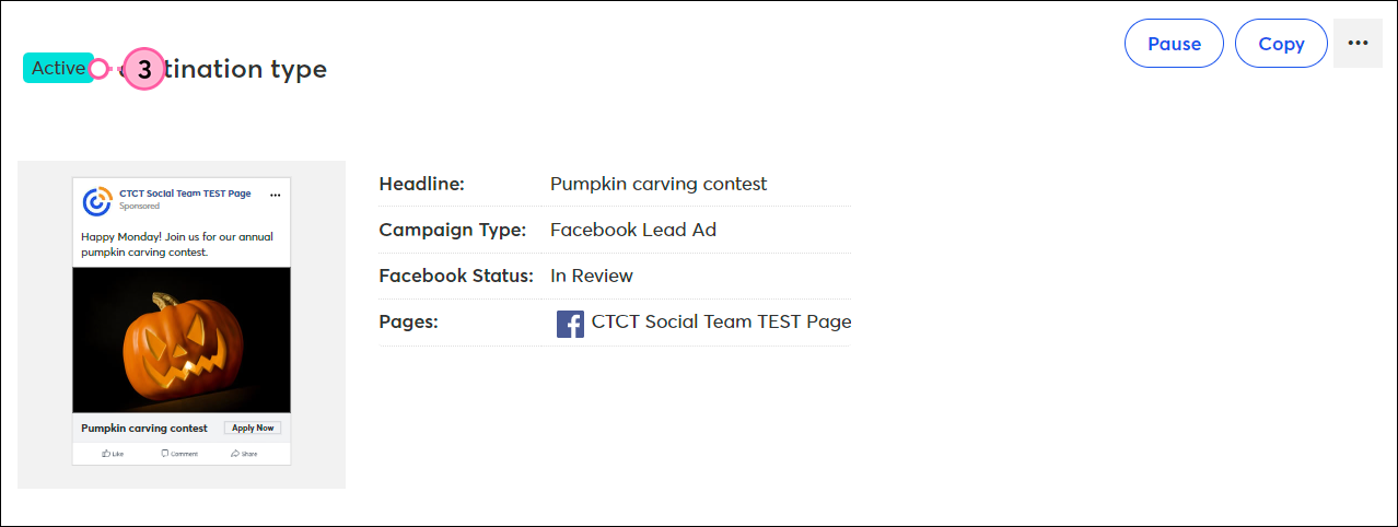 Página de detalles de anuncios de Facebook e Instagram en estado programado con mensaje de banner "Procesando público objetivo Su anuncio se publicará cuando esté listo".